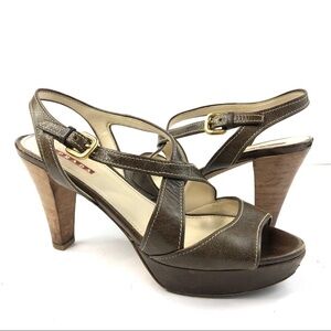 Prada authentic brown leather stacked heel sandal cross straps open toe EU 38